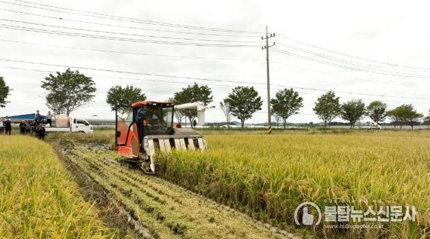 수확을 시연하는 백성현 논산시장